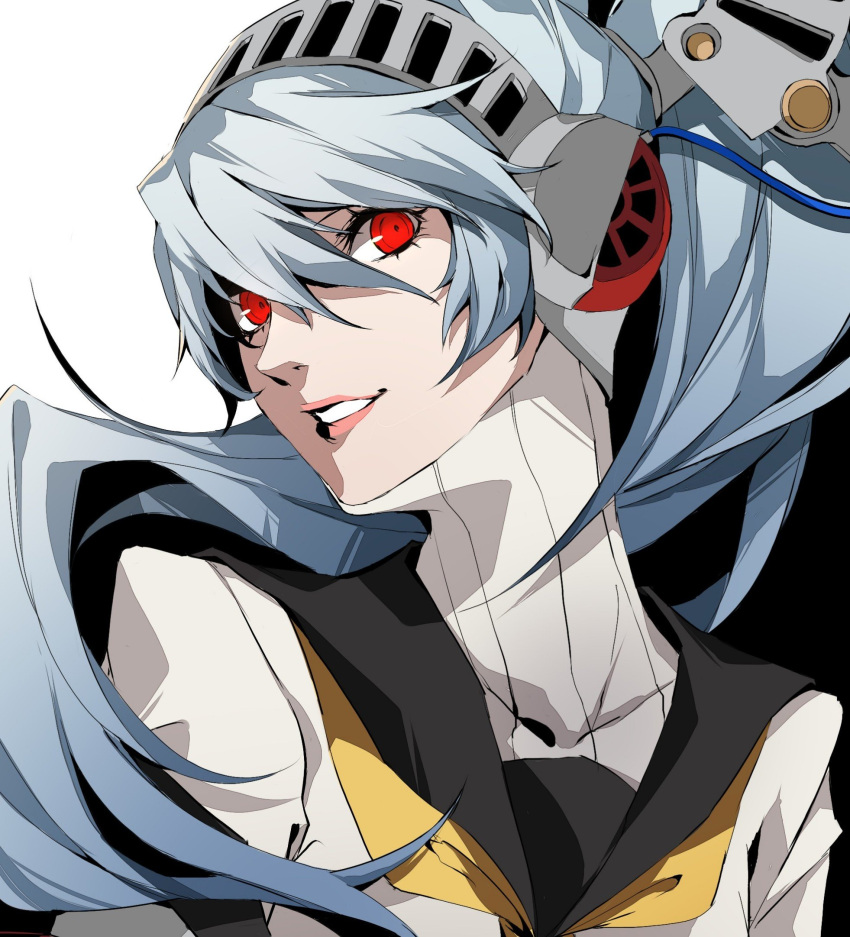 1girl android arm_up black_background blue_hair breasts glowing glowing_eyes hair_between_eyes highres joints labrys_(persona) lips long_hair looking_at_viewer mechanical_parts parted_lips persona persona_4 persona_4:_the_ultimate_in_mayonaka_arena pertex_777 ponytail red_eyes robot robot_joints school_uniform simple_background skirt smile solo two-tone_background very_long_hair white_background