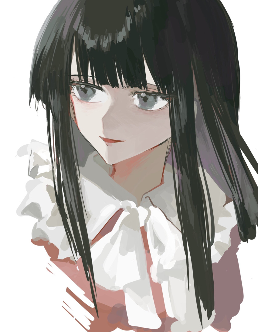 1girl bangs black_hair bow bowtie collared_shirt commentary_request eyebrows_visible_through_hair frills grey_eyes highres houraisan_kaguya long_hair long_sleeves looking_to_the_side open_mouth pink_shirt shirt sidelocks simple_background smile solo touhou upper_body white_background white_bow white_bowtie yanfei_u