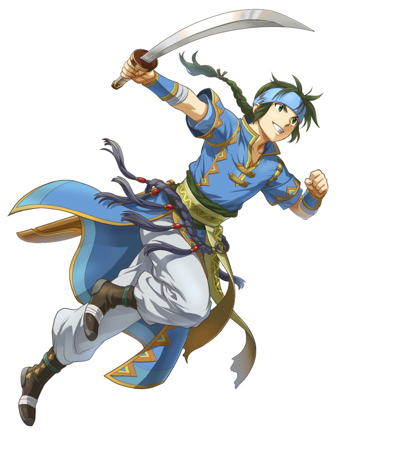 1boy bangs belt braid clenched_hand fire_emblem fire_emblem:_the_blazing_blade fire_emblem_heroes full_body gold_trim green_eyes green_hair guy_(fire_emblem) headband highres holding holding_sword holding_weapon indesign leg_up long_hair looking_away non-web_source noots official_art pants parted_lips pelvic_curtain short_sleeves single_braid slashing smile solo sword teeth transparent_background weapon