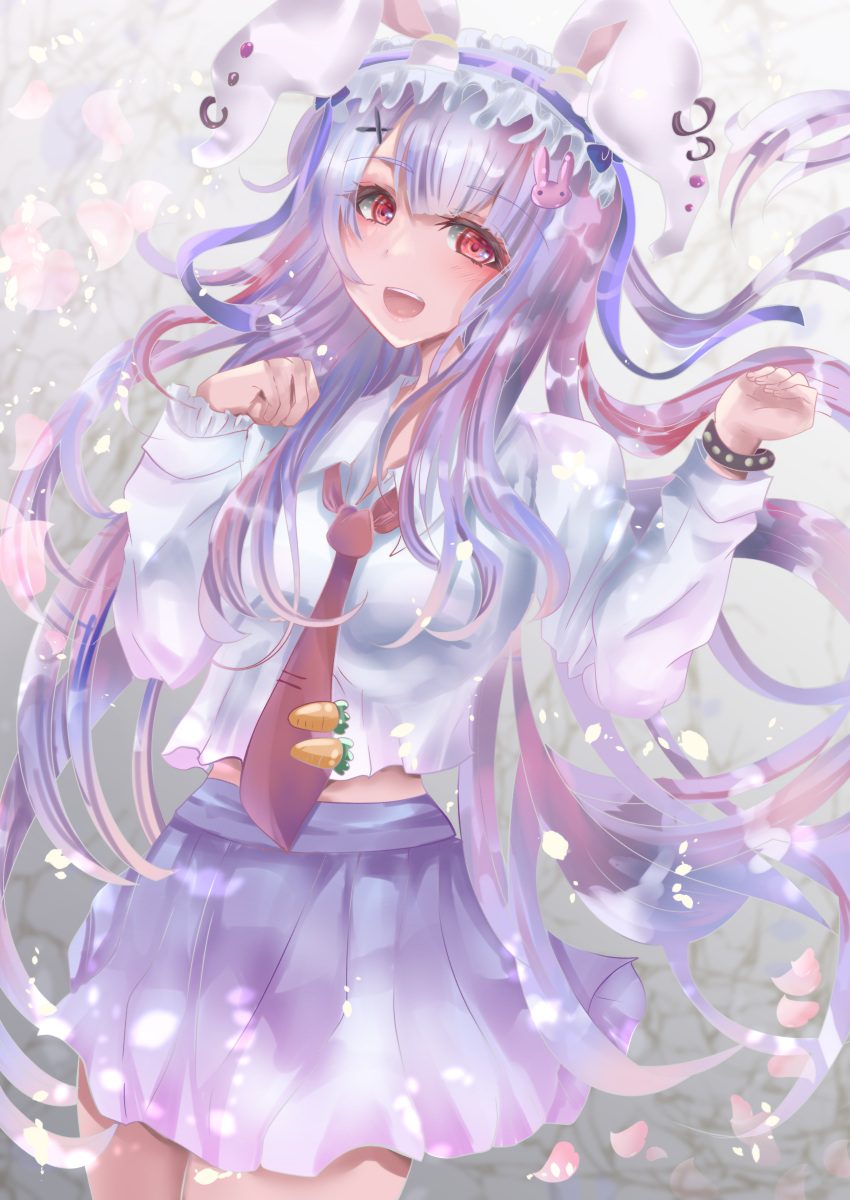 1girl :d absurdres animal_ears bangs carrot_pin ear_piercing eyebrows_visible_through_hair food guchadoro hair_ornament hairclip highres lavender_hair long_hair long_sleeves looking_at_viewer midriff necktie open_mouth petals piercing pleated_skirt purple_hair rabbit_ears red_eyes red_necktie reisen_udongein_inaba shirt simple_background skirt smile solo touhou very_long_hair white_shirt