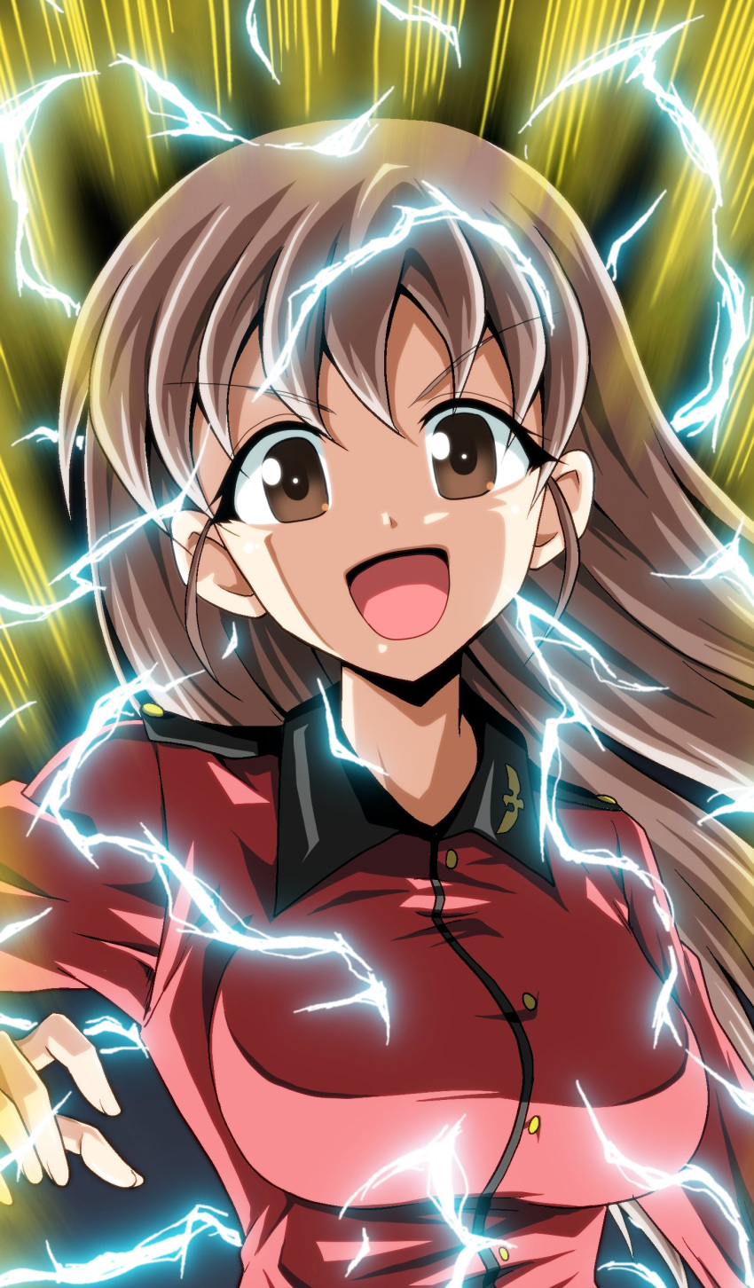 1girl absurdres alternate_hairstyle aura bangs breasts brown_eyes brown_hair commentary commentary_request dragon_ball dragon_ball_z electricity eyebrows_visible_through_hair girls_und_panzer hair_down highres jacket kamishima_kanon large_breasts long_hair long_sleeves looking_at_viewer military military_uniform open_mouth parody red_jacket rukuriri_(girls_und_panzer) smile solo st._gloriana's_military_uniform super_saiyan super_saiyan_2 uniform upper_body