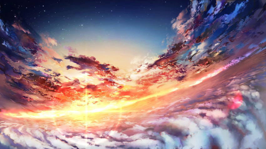 above_clouds asu_no_yozora_shoukaihan_(vocaloid) cloud_focus clouds dark_clouds dutch_angle gradient_sky m.b no_humans official_art orange_clouds red_clouds scenery sky star_(sky) sunset yellow_sky