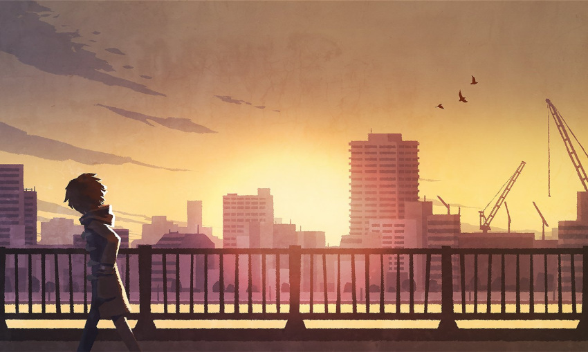 1boy animal bird brown_hair building city crane_(machine) facing_away from_side hooded_coat hyogonosuke kiriyama_rei long_sleeves male_focus outdoors pants railing river sangatsu_no_lion scenery short_hair sky skyscraper solo toggles twilight walking