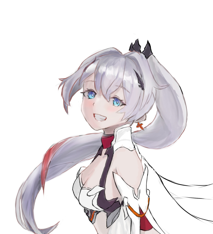 1girl :d armor bangs bare_shoulders blue_eyes grin hair_ornament highres honkai_(series) honkai_impact_3rd kiana_kaslana kiana_kaslana_(herrscher_of_flamescion) long_hair looking_at_viewer natumusumeab ponytail simple_background sketch smile solo teeth upper_body white_background white_hair