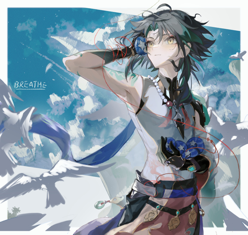 1boy arm_tattoo bangs bead_necklace beads bird black_hair closed_mouth clouds eyeshadow facial_mark forehead_mark genshin_impact gloves green_hair highres holding holding_shell jewelry makeup male_focus multicolored_hair necklace red_eyeshadow resan256 seashell shell shell_to_ear sky solo string string_of_fate tassel tattoo vision_(genshin_impact) xiao_(genshin_impact) yellow_eyes