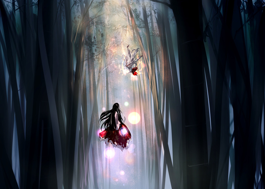 2girls absurdres baggy_pants black_hair bow duel embers fire forest from_behind fujiwara_no_mokou hair_bow highres houraisan_kaguya long_hair long_skirt long_sleeves multicolored_bow multiple_girls nature night orb pants pink_shirt pyrokinesis red_bow red_pants red_skirt shirt skirt touhou tree ushitsuchi very_long_hair white_bow white_hair white_shirt wide_shot wide_sleeves