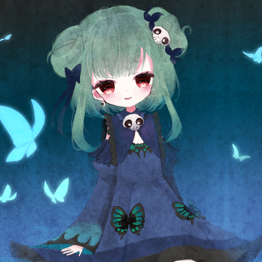 1girl absurdres bangs black_bow blue_dress blue_hair blush bow bug butterfly cleavage_cutout clothing_cutout detached_sleeves double_bun dress eyebrows_visible_through_hair flat_chest flower frilled_dress frills gradient_hair green_hair hair_bow hair_bun highres hololive long_sleeves multicolored_hair nanatsu_s open_mouth red_eyes short_dress short_hair_with_long_locks sidelocks sleeveless sleeveless_dress solo uruha_rushia virtual_youtuber white_flower wide_sleeves