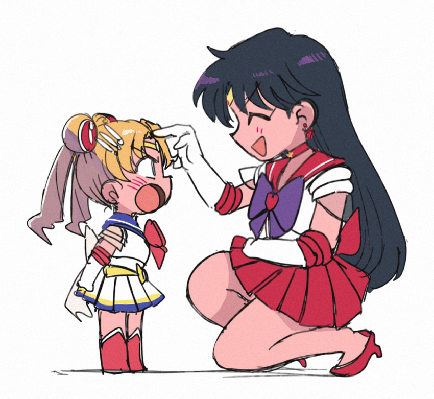 2girls bishoujo_senshi_sailor_moon blonde_hair bow bowtie closed_eyes multiple_girls open_mouth purple_bow purple_hair red_bow red_bowtie red_footwear red_skirt sailor_mars sailor_moon simple_background size_difference skirt tsubobot white_background