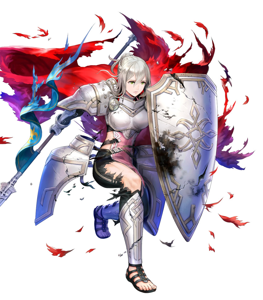1girl alternate_costume armor asatani_tomoyo bangs bodysuit bodysuit_under_clothes breastplate broken_armor broken_shield cape closed_mouth dress effie_(fire_emblem) fire_emblem fire_emblem_fates fire_emblem_heroes full_body gauntlets green_eyes grey_hair hair_bun highres holding holding_polearm holding_weapon looking_away non-web_source official_art pelvic_curtain polearm red_cape sandals shield shiny shiny_hair short_dress shoulder_armor single_hair_bun solo spear toeless_footwear toes torn_cape torn_clothes transparent_background weapon