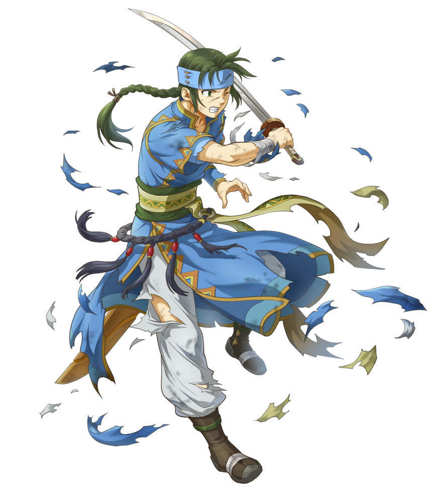 1boy bandages bangs belt boots braid clenched_teeth fire_emblem fire_emblem:_the_blazing_blade fire_emblem_heroes full_body gold_trim green_eyes green_hair guy_(fire_emblem) headband highres holding holding_sword holding_weapon indesign leg_up long_hair looking_away male_focus non-web_source official_art one_eye_closed pants parted_lips pelvic_curtain shiny shiny_hair short_sleeves single_braid solo sword teeth torn_clothes torn_pants transparent_background weapon