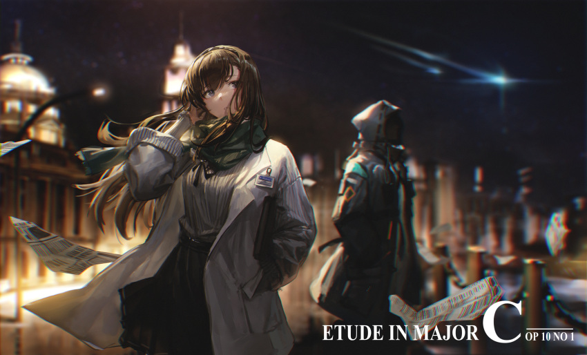 1girl 1other absurdres arknights bangs black_coat black_eyes black_hairband black_scarf black_skirt brown_hair casual chinese_commentary city coat commentary_request cowboy_shot doctor_(arknights) english_text eyebrows_visible_through_hair grey_sweater hairband hand_in_pocket high-waist_skirt highres hooded_coat id_card labcoat long_hair long_sleeves looking_away looking_up mask miao_ao_tian newspaper night night_sky open_clothes outdoors parted_lips priestess_(arknights) railing scarf skirt sky sweater wind