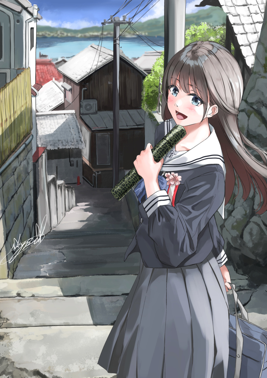 1girl :d bag bangs black_hair blue_bow blue_bowtie blue_eyes blue_skirt blunt_bangs bow bowtie building commentary_request diploma graduation highres holding holding_bag house long_hair long_sleeves looking_at_viewer open_mouth original outdoors power_lines sailor_collar school_bag school_uniform serafuku shadow signature skirt smile solo soragane_(banisinngurei) stairs tube uniform utility_pole white_sailor_collar