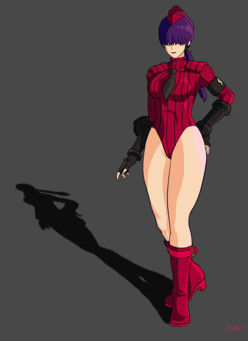 1girl alternate_costume bodysuit boots breasts capcom corruption crossover gauntlets hat highres large_breasts leather leather_boots leotard mind_control necktie no_eyes ponytail purple_hair shadaloo shadaloo_dolls shermie_(kof) snk street_fighter the_king_of_fighters thick_thighs thighs