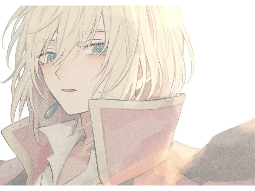 1boy androgynous bishounen blonde_hair blue_eyes cape collared_cape earrings highres howl_(howl_no_ugoku_shiro) howl_no_ugoku_shiro jewelry looking_at_viewer male_focus open_mouth outline shioshiha short_hair solo white_background white_outline