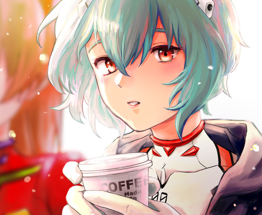 2girls ayanami_rei blue_hair blush bodysuit coffee_cup cup disposable_cup highres looking_at_viewer multiple_girls neon_genesis_evangelion plugsuit red_eyes souryuu_asuka_langley user_zwgz4874