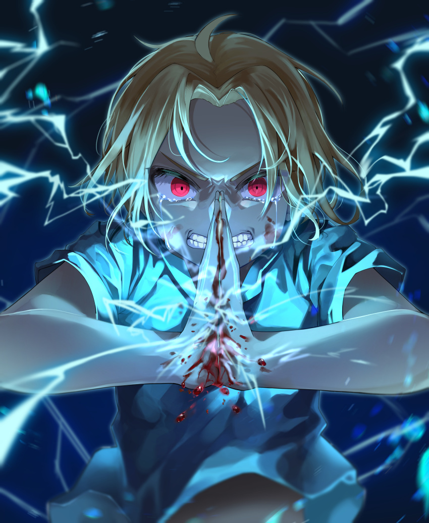 absurdres ahoge blonde_hair blood blood_on_face blue_shirt child clenched_teeth commentary crying crying_with_eyes_open edward_elric electricity facing_viewer forehead fullmetal_alchemist highres kimae male_focus own_hands_clasped own_hands_together red_eyes sharp_teeth shirt short_hair short_sleeves tears teeth upper_body v-shaped_eyebrows