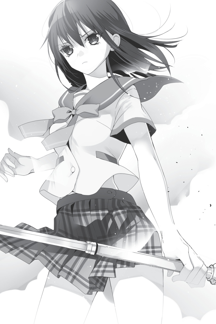 1girl bangs bare_legs closed_mouth cowboy_shot dress_shirt eyebrows_visible_through_hair floating_hair frown greyscale hair_between_eyes highres himeragi_yukina holding holding_polearm holding_weapon long_hair looking_at_viewer manyako_(mohumohu) miniskirt monochrome non-web_source novel_illustration official_art plaid plaid_skirt pleated_skirt polearm saikai_academy_uniform sailor_collar sailor_collar_lift sailor_shirt shirt short_sleeves skirt solo standing straight_hair strike_the_blood weapon