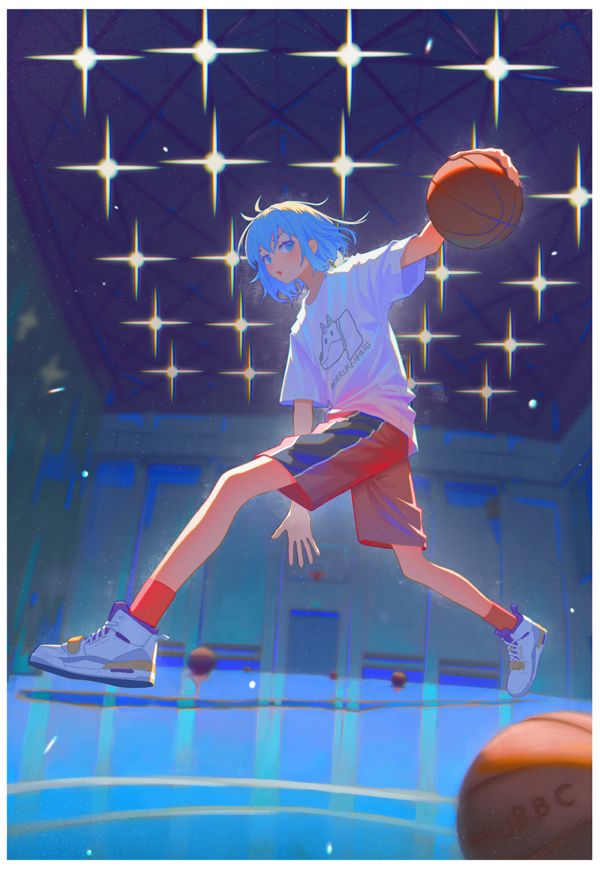 1other absurdres ambiguous_gender aqua_eyes aqua_hair ball bangs basketball border commentary full_body hair_between_eyes highres holding holding_ball indoors medium_hair original parted_lips red_legwear shirt shoes short_sleeves shorts shunken_he sneakers socks solo sportswear t-shirt white_border white_footwear white_shirt