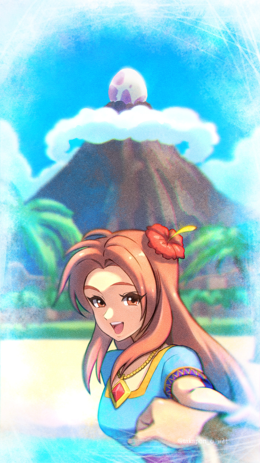 1girl absurdres beach blue_dress blue_sky brown_eyes brown_hair clouds dress egg hand_grab highres jewelry looking_at_viewer marin_(the_legend_of_zelda) mountain necklace palm_tree pov sky smile takapon-o-ji the_legend_of_zelda the_legend_of_zelda:_link's_awakening tree