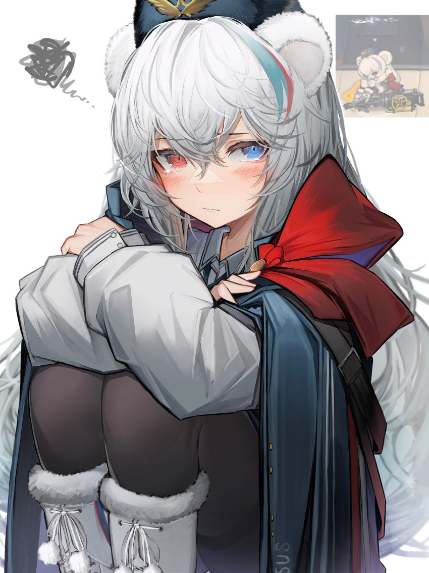 1girl absurdres animal_ears arknights bangs bear_ears black_cape black_headwear black_legwear blue_eyes blush boots cape closed_mouth coat eyebrows_visible_through_hair feet_out_of_frame fur-trimmed_boots fur_hat fur_trim grey_hair hat heterochromia highres knee_boots long_hair long_sleeves looking_at_viewer pantyhose pom_pom_(clothes) red_eyes red_ribbon ribbon rosa_(arknights) self_hug sitting solo squiggle tab_head thighband_pantyhose ushanka v-shaped_eyebrows very_long_hair white_coat white_footwear