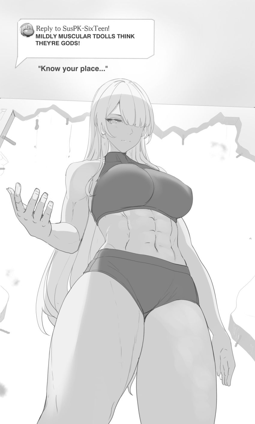 1girl abs ak-15_(girls'_frontline) breasts broken_wall chiyo_goya english_text girls_frontline greyscale gym_uniform hair_over_one_eye highres hole_in_wall large_breasts leanbeefpatty long_hair looking_at_viewer meme mildly_muscular_women_think_they're_gods_(meme) monochrome muscular muscular_female shaded_face simple_background solo tiktok