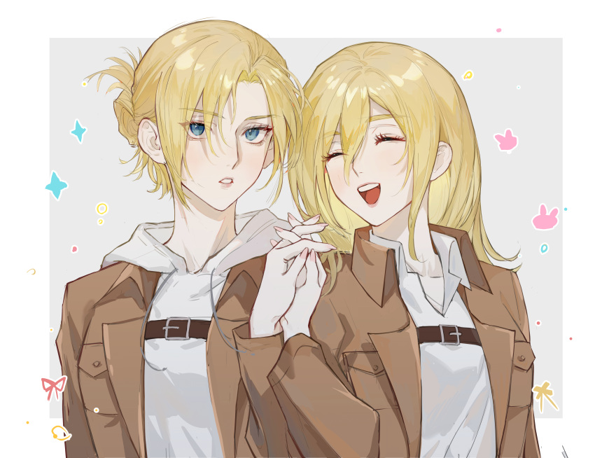 2girls ^_^ ^o^ absurdres annie_leonhardt bangs belt_buckle blonde_hair blue_eyes border brown_jacket buckle chest_belt christa_renz closed_eyes collared_jacket collared_shirt eyebrows_visible_through_hair eyes_visible_through_hair grey_background hair_between_eyes hair_bun highres holding_hands hood hood_down hoodie jacket looking_at_viewer medium_hair multiple_girls open_mouth parted_bangs parted_lips shingeki_no_kyojin shirt short_hair shoulder-to-shoulder smile sparkle tingaqingjianggushi upper_body white_border white_hoodie white_shirt