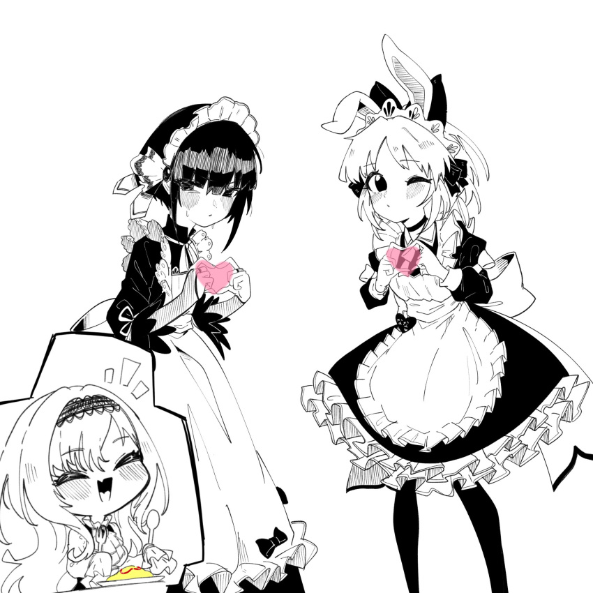 3girls ;o ^_^ ^o^ abe_nana anderson_m0311 animal_ears blush chibi chibi_inset closed_eyes dress embarrassed food greyscale heart heart_hands highres idolmaster idolmaster_cinderella_girls kurosaki_chitose looking_at_viewer maid maid_headdress moe_moe_kyun! monochrome multiple_girls omurice one_eye_closed pinafore_dress rabbit_ears shirayuki_chiyo simple_background