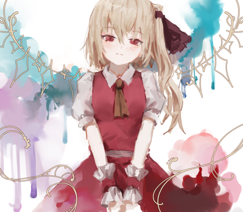 1girl ascot bangs blonde_hair blush clouds crystal expressionless eyebrows_visible_through_hair flandre_scarlet hair_between_eyes highres looking_at_viewer no_hat no_headwear puffy_short_sleeves puffy_sleeves red_eyes red_skirt red_vest reddizen ribbon shirt short_sleeves skirt skirt_set sky solo touhou v_arms vest white_shirt wings