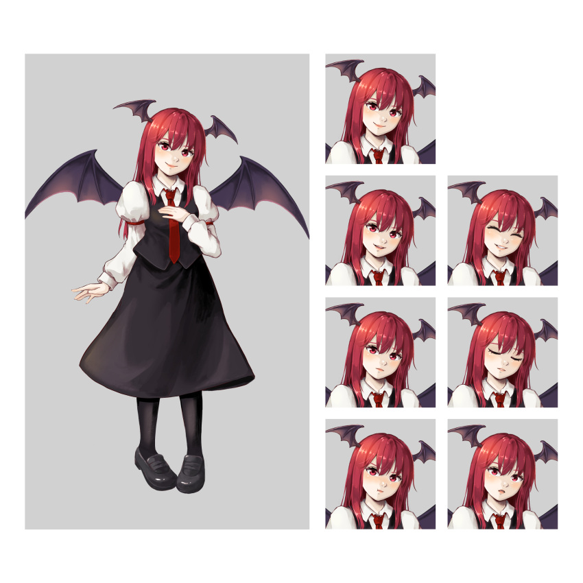 1girl angry bat_wings black_footwear black_legwear black_skirt black_vest border breasts character_name closed_eyes closed_mouth collared_shirt demon_wings expression_chart grey_background grey_border hand_on_own_chest head_wings highres hoshiringo0902 juliet_sleeves koakuma lips loafers long_hair long_sleeves necktie open_mouth pantyhose puffy_sleeves red_eyes red_necktie redhead sad shirt shoes simple_background skirt small_breasts smile solo surprised touhou v-shaped_eyebrows vest white_shirt wings