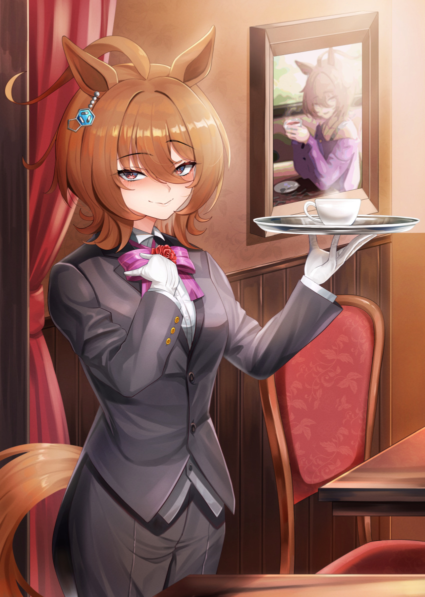 1girl agnes_tachyon_(umamusume) alternate_costume animal_ears black_jacket black_pants black_suit blush bow brown_eyes brown_hair butler chair commentary_request eyebrows_visible_through_hair formal gloves hair_between_eyes highres horse_ears horse_girl horse_tail jacket looking_at_viewer motsushi pants picture_(object) picture_frame purple_bow raised_eyebrow short_hair smile solo standing suit tail umamusume white_gloves
