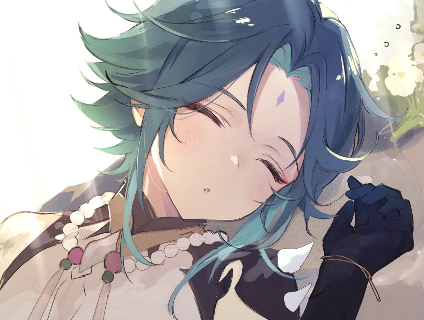 1boy :o bead_necklace beads black_gloves blue_hair blush closed_eyes eyeshadow facial_mark flower forehead_mark genshin_impact gloves green_hair gumilkx highres jewelry lying makeup male_focus multicolored_hair necklace on_back parted_lips portrait red_eyeshadow sleeping solo tassel white_flower xiao_(genshin_impact)
