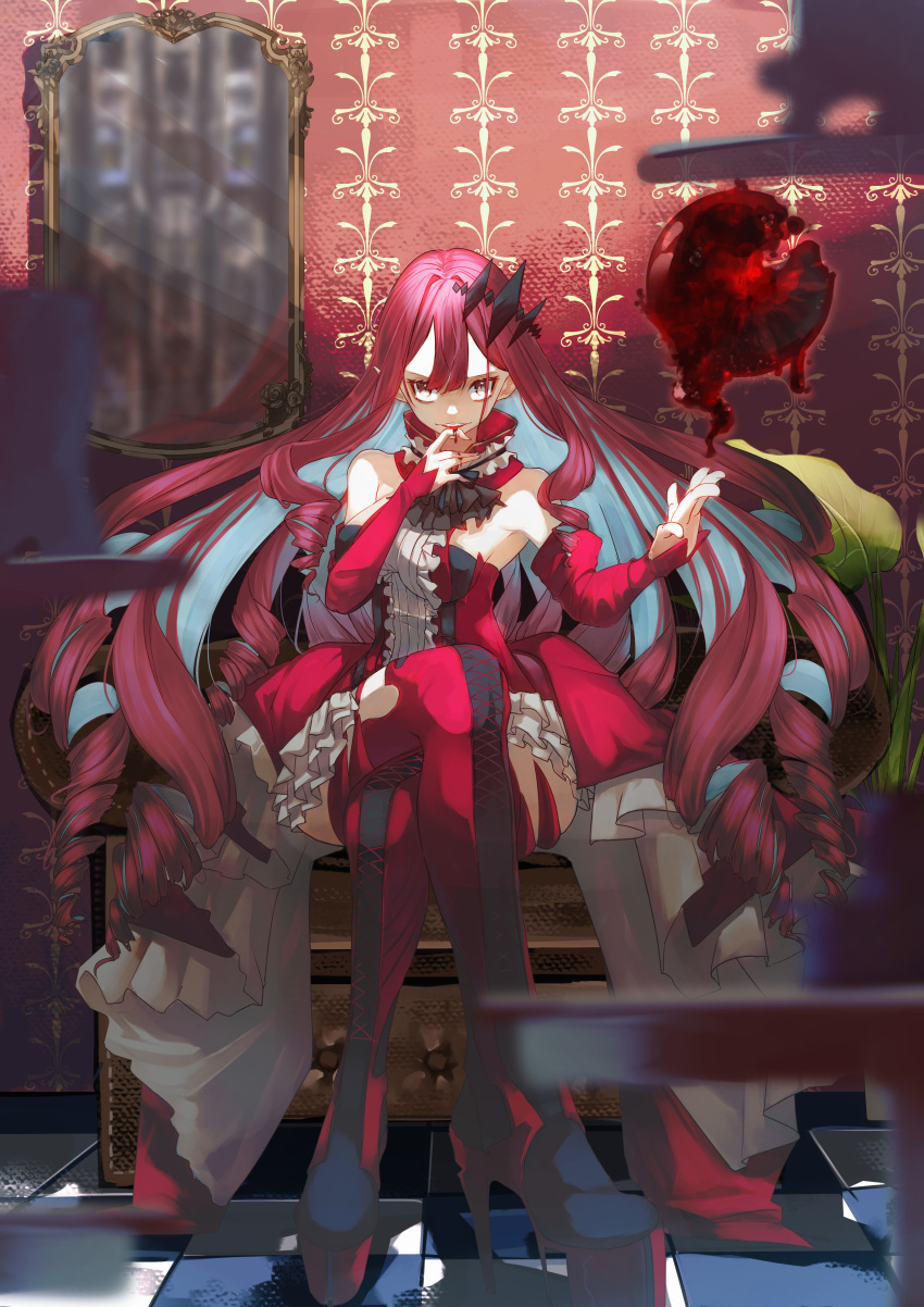 1girl absurdres alex0817 armchair biting blood boots center_frills chair detached_sleeves dress drill_hair fairy_knight_tristan_(fate) fate/grand_order fate_(series) finger_biting frilled_dress frills highres long_hair mirror pink_hair pointy_ears red_dress sitting thigh_boots tiara