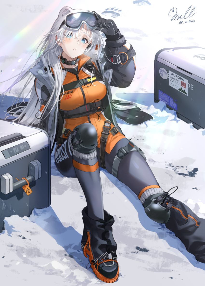 1girl :o animal_ears ankle_boots arknights aurora_(arknights) aurora_(polar_catcher)_(arknights) bangs bear_ears black_coat black_footwear black_gloves black_pants blue_eyes blush boots box breasts breath character_name clothes_writing coat day gloves goggles goggles_around_neck goggles_on_head hand_on_eyewear highres jacket knee_pads knee_up large_breasts long_hair long_sleeves looking_at_viewer milluun official_alternate_costume open_clothes open_coat orange_jacket outdoors pants parted_lips puffy_long_sleeves puffy_sleeves signature sitting snow solo thigh_strap tight tight_pants twitter_username underbust very_long_hair white_hair