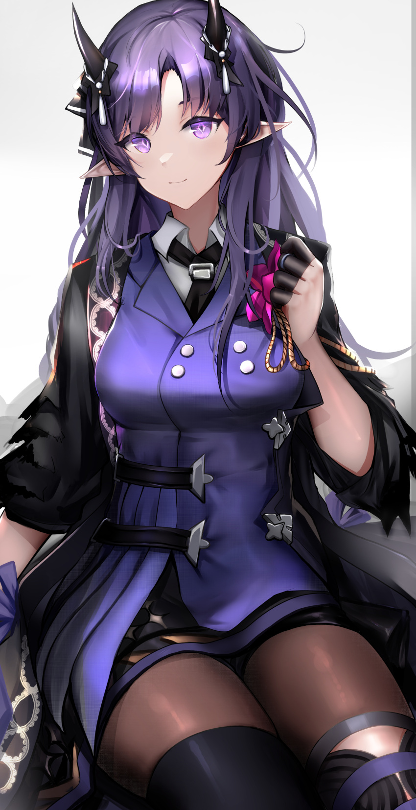 1girl absurdres arknights black_dress black_necktie blush boots collared_shirt diamond-shaped_pupils diamond_(shape) dress hand_up hibiscus_(arknights) hibiscus_the_purifier_(arknights) highres horns long_hair looking_at_viewer necktie nopetroto pantyhose purple_dress purple_hair shirt shirt_under_dress sitting smile solo symbol-shaped_pupils thigh_boots two-tone_dress very_long_hair violet_eyes white_shirt
