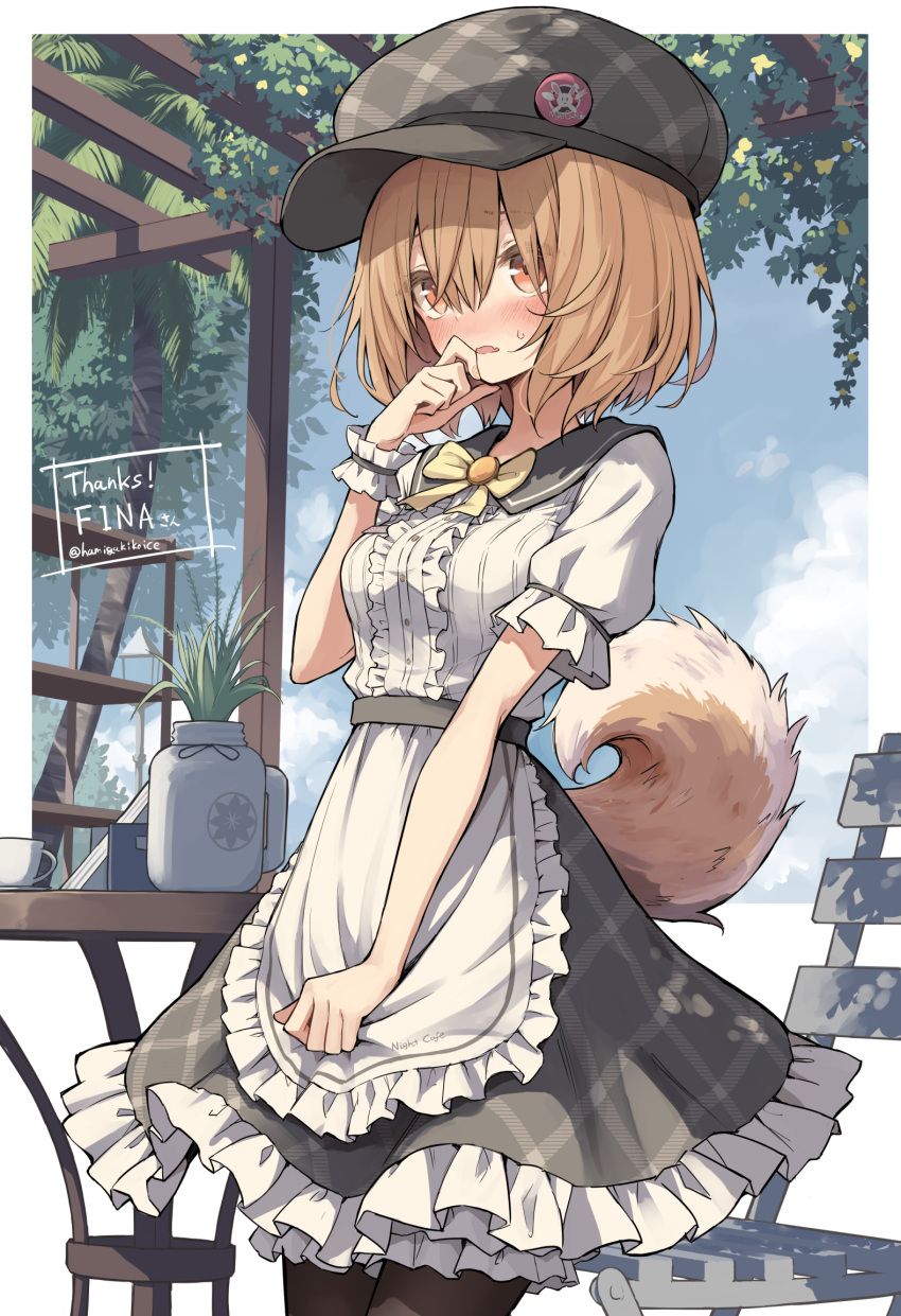 1girl animal_ears apron blonde_hair breasts commission dog_ears dog_tail hair_between_eyes hamigakikoice hat highres medium_breasts medium_hair open_mouth original pantyhose plant red_eyes restaurant ribbon skeb_commission sky table tail