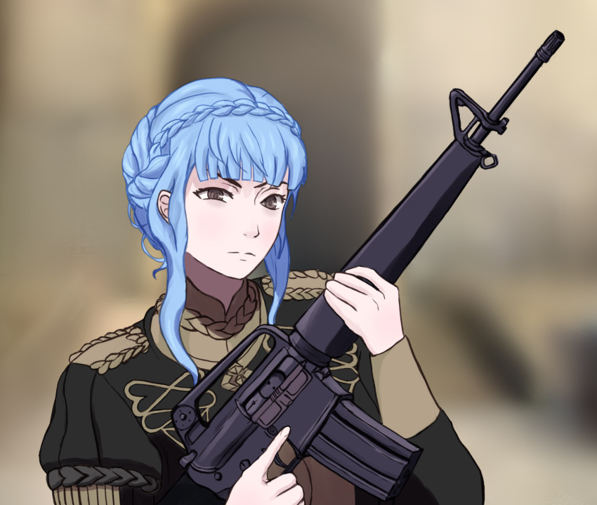 1girl black_jacket blue_hair blurry blurry_background braid commentary crown_braid english_commentary fire_emblem fire_emblem:_three_houses garreg_mach_monastery_uniform grey_eyes gun highres holding holding_gun holding_weapon jacket juliet_sleeves long_hair long_sleeves looking_at_viewer marianne_von_edmund puffy_sleeves rifle sidelocks solo the_superweirdo trigger_discipline uneven_eyes upper_body weapon