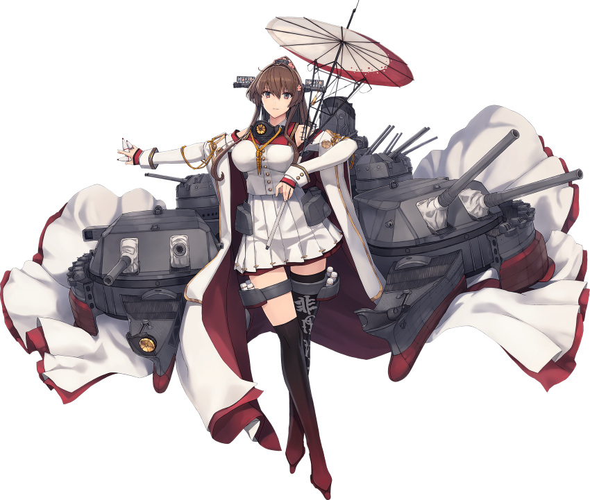 1girl absurdres black_legwear boots breasts brown_hair clothing_cutout coat coat_on_shoulders collar full_body gradient_footwear hair_intakes headgear highres holding holding_umbrella kantai_collection large_breasts long_hair machinery metal_collar official_art oil-paper_umbrella ponytail red_umbrella rigging shizuma_yoshinori shoulder_cutout sleeveless_coat solo thigh-highs thigh_boots transparent_background turret umbrella white_coat yamato_(kancolle) yamato_kai_ni_(kancolle)