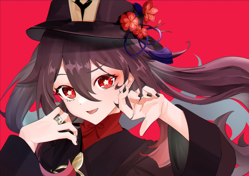 1girl black_nails brown_hair flower flower_shaped_pupils genshin_impact highres hu_tao_(genshin_impact) jewelry open_mouth red_background ring symbol-shaped_pupils twintails