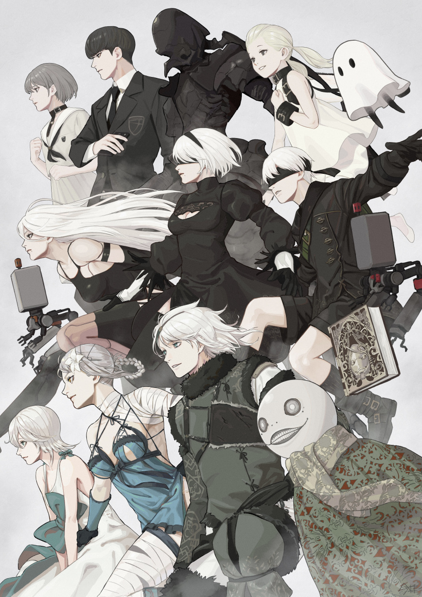 3boys 3others 6+girls absurdres akagi_hina android armlet asymmetrical_legwear bandaged_arm bandaged_leg bandaged_neck bandages bangs bare_shoulders black_blindfold black_choker black_dress black_footwear black_gloves black_hairband black_jacket black_legwear black_monster_(nier) black_necktie black_shorts blindfold blonde_hair blouse blue_eyes bob_cut book boots bow breasts cellphone choker creator_connection cuffs detached_sleeves digitigrade dress elbow_gloves emil_(nier) feather-trimmed_sleeves fio_(nier) flat_chest flats flower fur-trimmed_sleeves fur_trim gloves grey_eyes grey_hair grimoire_weiss hair_flower hair_ornament hairband highres holding holding_phone imai5837 jacket joints juliet_sleeves kaine_(nier) lingerie long_hair long_sleeves lunar_tear mama_(nier) medium_breasts medium_hair mole mole_under_mouth monster multiple_boys multiple_girls multiple_others necktie negligee nier nier_(series) nier_(young) nier_automata nier_reincarnation parted_lips phone pod_(nier_automata) puffy_sleeves robot_joints scarf school_uniform series_connection shirt short_hair shorts skirt smartphone tank_top thigh-highs thigh_boots twintails underwear white_dress white_hair yellow_eyes yonah yorha_no._9_type_s yorha_type_a_no._2 yuzuki_kurezome