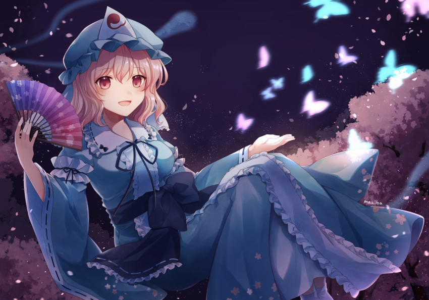 1girl :d blue_butterfly breasts bug butterfly cherry_blossoms folding_fan frills hand_fan hat highres hitodama japanese_clothes koto_(shiberia39) long_sleeves looking_at_viewer mob_cap night open_mouth petals pink_eyes pink_hair saigyouji_yuyuko sash short_hair smile solo touhou triangular_headpiece wide_sleeves