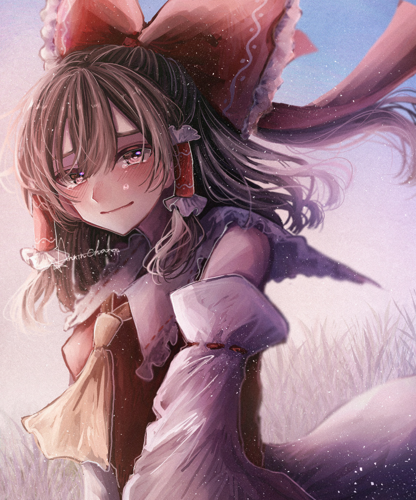 1girl absurdres annin_cha ascot bare_shoulders blush bow brown_hair collar detached_sleeves floating_hair hair_bow hair_tubes hakurei_reimu happy_tears highres long_hair looking_at_viewer simple_background solo tears touhou upper_body violet_eyes