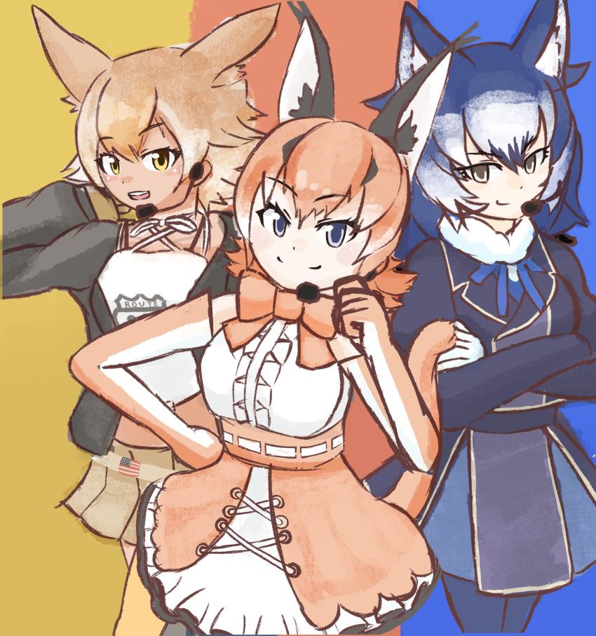 3girls animal_costume animal_ear_fluff animal_ears bow bowtie caracal_(kemono_friends) caracal_ears coyote_(kemono_friends) coyote_ears coyote_girl coyote_tail dire_wolf_(kemono_friends) elbow_gloves gloves highres kemono_friends kemono_friends_v_project kinako_mochic long_hair looking_at_viewer microphone multiple_girls open_mouth shirt short_hair skirt sleeveless sleeveless_shirt smile tail virtual_youtuber wolf_ears wolf_girl wolf_tail