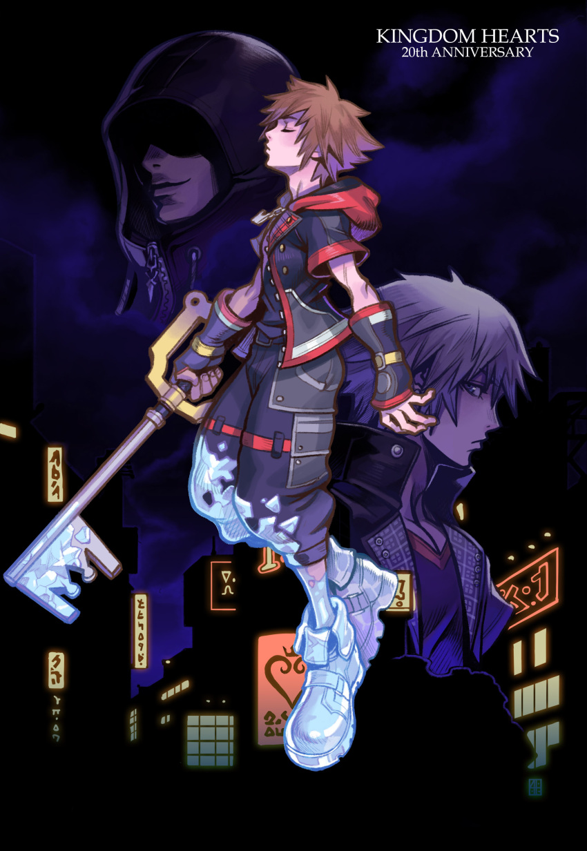 3boys absurdres alejandro_tio brown_hair city city_lights closed_eyes coat covered_eyes dark fingerless_gloves floating frozen gauntlets gloves highres holding hood hoodie ice jacket jewelry keyblade kingdom_hearts looking_to_the_side male_focus multiple_boys necklace night night_sky outdoors pants riku_(kingdom_hearts) shirt shoes short_sleeves sky smile sora_(kingdom_hearts) spiky_hair t-shirt white_hair