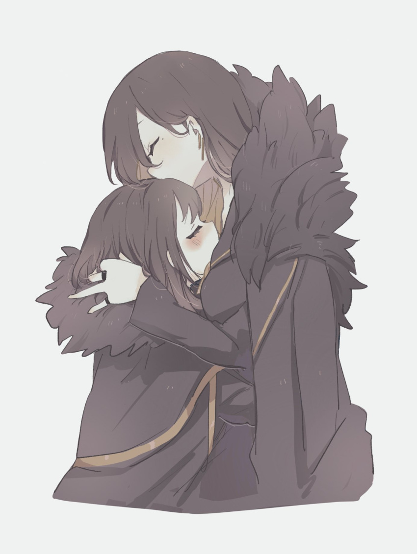 2girls binah_(project_moon) black_coat black_hair blush closed_eyes coat earrings ee_extension_02 fur_trim gold_trim highres hug jewelry kiss kissing_forehead library_of_ruina medium_hair multiple_girls project_moon ring white_background zena_(library_of_ruina)