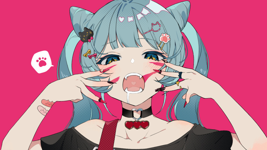 1girl animal_(vocaloid) aqua_eyes aqua_hair bandaid bandaid_on_arm bandaid_on_wrist bangs bare_shoulders black_shirt blunt_bangs bow cat_hair_ornament choker cone_hair_bun double_bun double_w drooling facepaint facial_mark fangs fingernails hair_bow hair_bun hair_ornament hatsune_miku heart heart_choker heart_in_mouth heart_o-ring highres jewelry long_fingernails middle_w multicolored_eyes multiple_rings nail_art off-shoulder_shirt off_shoulder official_art omutatsu open_mouth paw_hair_ornament pink_background ring saliva shirt sidelocks simple_background slit_pupils speech_bubble spoken_paw strap_slip twintails vocaloid w w_over_face whisker_markings whisker_pose yellow_eyes