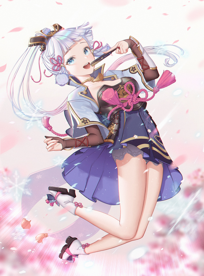 1girl :d arm_guards armor armored_dress arms_up bangs bare_legs black_gloves blue_capelet blue_eyes blue_flower blue_hair blue_skirt blunt_bangs blurry blurry_background blurry_foreground blush bow branch breastplate breasts bridal_gauntlets capelet cherry_blossoms collarbone day depth_of_field dou dress falling_petals fantasy fingerless_gloves floral_print flower flower_knot folded_fan folding_fan full_body genshin_impact gloves gold gold_trim grey_eyes hair_bow hair_ornament hair_ribbon hancho_xo hand_fan hands_up high_collar highres holding holding_fan ice ice_crystal jacket japanese_armor japanese_clothes jewelry jumping kamisato_ayaka knot kusazuri legs legs_folded light_blue_dress light_blue_eyes light_blue_hair long_hair looking_at_viewer medium_breasts mole mole_under_eye neck_ring necklace open_mouth outdoors panties pantyshot parted_bangs partially_fingerless_gloves petals pink_background pink_flower plate_armor ponytail ribbon sidelocks skirt smile snow snowflakes snowing socks solo spring_(season) tassel thighs tree tress_ribbon underwear very_long_hair wide_sleeves