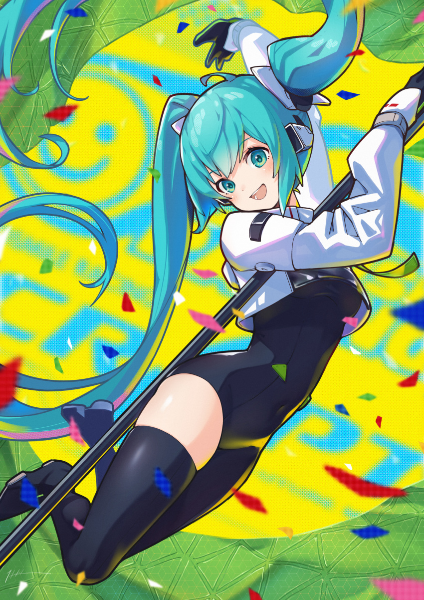 1girl absurdres asymmetrical_bodysuit asymmetrical_clothes blue_eyes blue_hair bodysuit boots confetti crop_top crop_top_overhang cropped_jacket flagpole hatsune_miku highres holding holding_pole itou_kazuki long_hair long_sleeves open_mouth pole racing_miku racing_miku_(2022) single_pantsleg single_thigh_boot smile solo thigh_boots twintails vocaloid