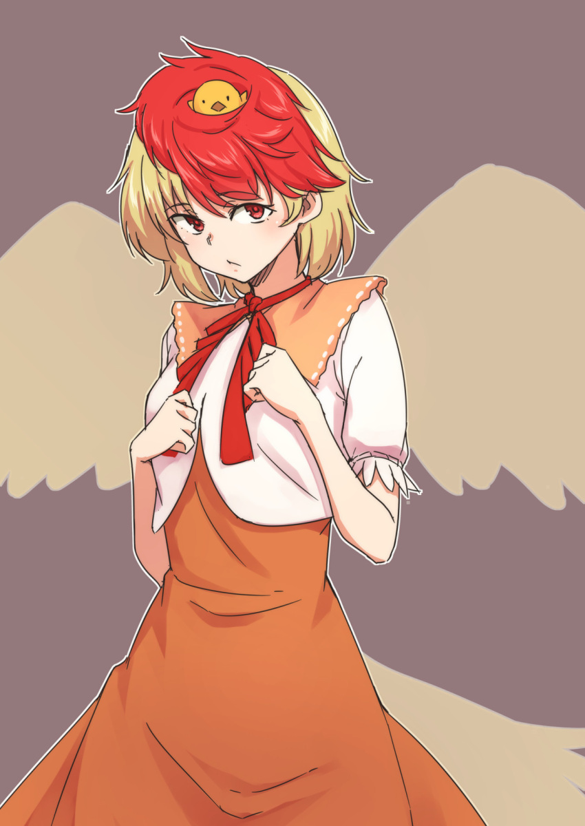 1girl animal_on_head bangs bird bird_on_head bird_wings blonde_hair chick closed_mouth dress eyebrows_visible_through_hair grey_background highres kakone looking_at_viewer multicolored_hair neckerchief niwatari_kutaka on_head one-hour_drawing_challenge orange_dress red_eyes red_neckerchief redhead shirt short_hair short_sleeves simple_background solo tail_feathers touhou two-tone_hair white_shirt wings yellow_wings