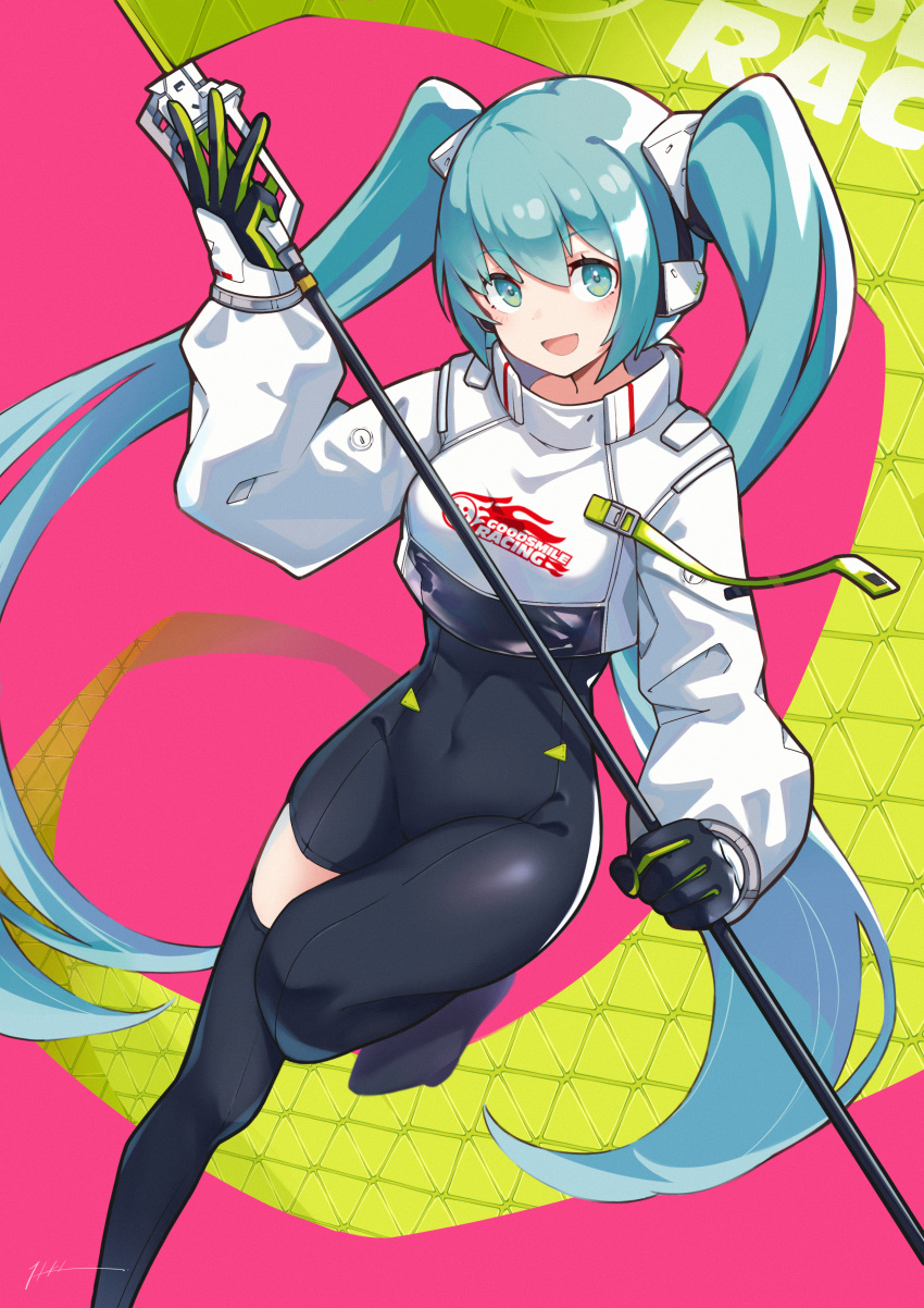 1girl absurdres asymmetrical_bodysuit asymmetrical_clothes black_gloves bodysuit breasts covered_navel cropped_jacket flagpole gloves green_gloves hatsune_miku high_collar highres holding holding_pole itou_kazuki knee_up long_sleeves medium_breasts pole racing_miku racing_miku_(2022) single_pantsleg single_thighhigh solo thigh-highs two-tone_gloves vocaloid