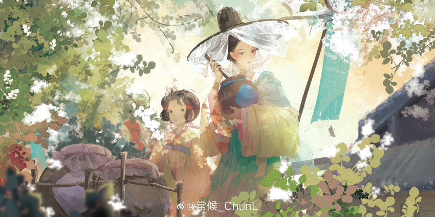 2girls absurdres artist_name black_hair branch building chang_hou chinese_clothes chinese_commentary commentary hair_tie hat highres jar leaf long_sleeves looking_to_the_side mixing multiple_girls open_mouth original short_hair smoke teeth veil weibo_logo weibo_username yellow_sky
